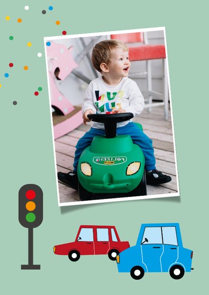 Verjaardagskaart kind 2 jaar auto voertuigen weg confetti 2