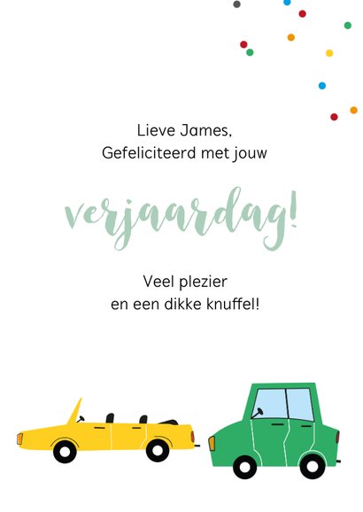 Verjaardagskaart kind 2 jaar auto voertuigen weg confetti 3