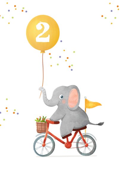 Verjaardagskaart kind 2 jaar fietsende olifant confetti 2