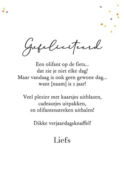 Verjaardagskaart kind 2 jaar fietsende olifant confetti 3