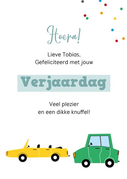 Verjaardagskaart kind 3 jaar auto voertuigen weg confetti 3