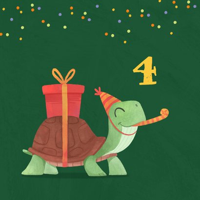 Verjaardagskaart kind 4 jaar schildpad confetti humor 2