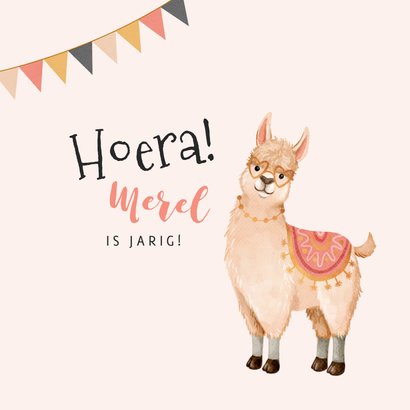 Verjaardagskaart kind 6 jaar alpaca slingers roze 2