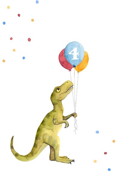 Verjaardagskaart kind dinosaurus ballonnen confetti kleuren 2