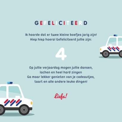 Verjaardagskaart kind jongen politie tweeling hoera 3