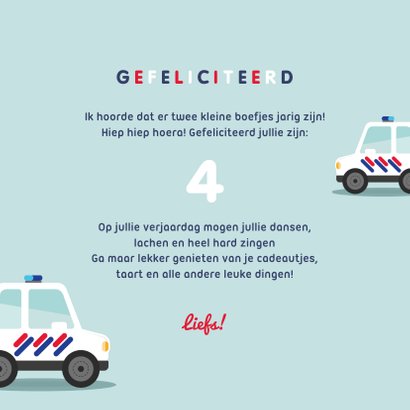 Verjaardagskaart kind jongen politie tweeling hoera 3