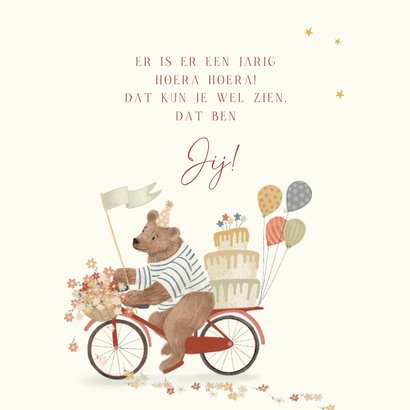 Verjaardagskaart kind met beer op een fiets met een taart! 2