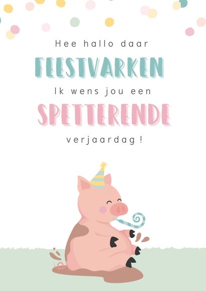 Verjaardagskaart kind met een getekende feestvarken 2