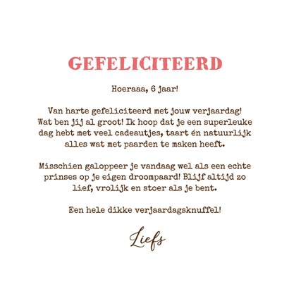 Verjaardagskaart kind paard hartjes lief hoera 3