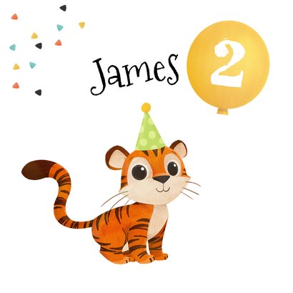 Verjaardagskaart kind tijger feest confetti ballonnen 2