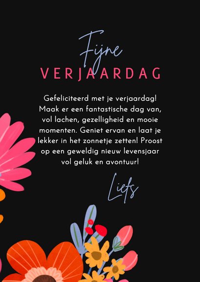 Verjaardagskaart kleuren bom aan bloemen 3