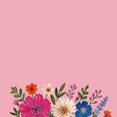 Verjaardagskaart kleurrijke bloemen in vaas op roze 2