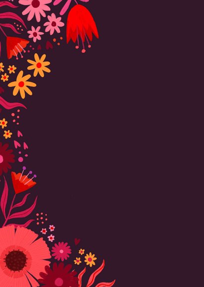 Verjaardagskaart kleurrijke bloemen paarse achtergrond  2