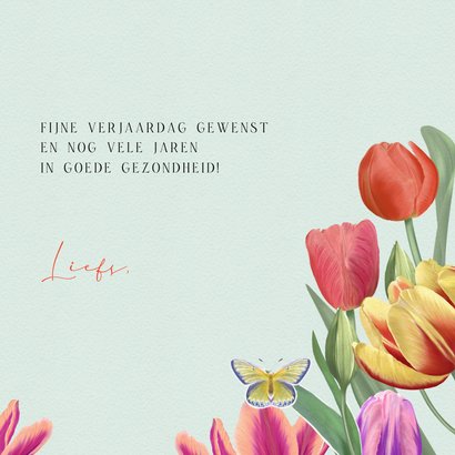 Verjaardagskaart kleurrijke tulpen en vlinders 3