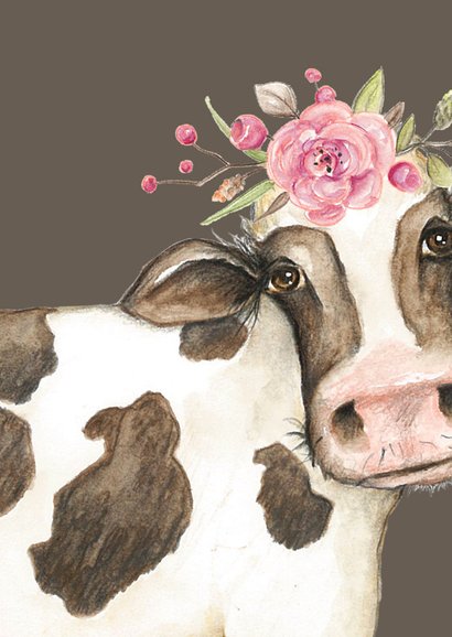 Verjaardagskaart koe in de wei met bloementooi 2