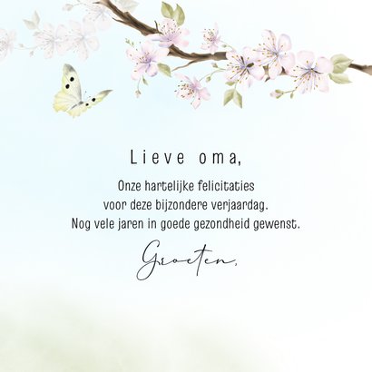Verjaardagskaart koolmeesje op bloesem met vlinder 3
