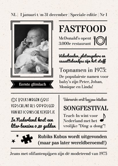 Verjaardagskaart krant nieuwsbericht vintage 1975 50 jaar 2