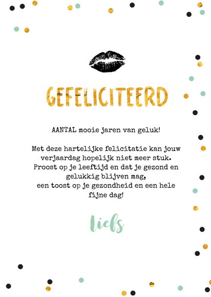 Verjaardagskaart kus zus confetti goud lettering 3