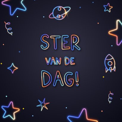 Verjaardagskaart lichtgevend met sterren planeten en raket 2