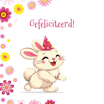 Verjaardagskaart lief konijntje met bloemen 2
