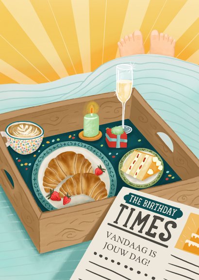 Verjaardagskaart man met dienblad en krant relax 2