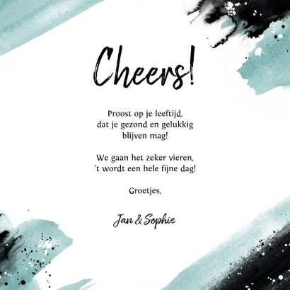 Verjaardagskaart man vrouw spetters cheers zwart verf 3