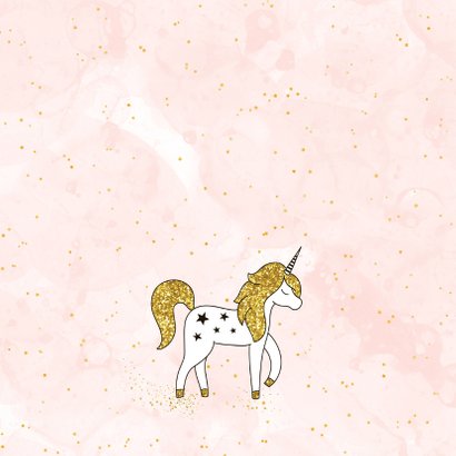 Verjaardagskaart meisje met unicorn en gouden sterren 2
