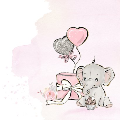 Verjaardagskaart meisje olifant en ballonnen 2