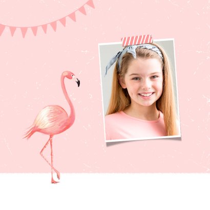 Verjaardagskaart meisje roze foto flamingo slingers 2