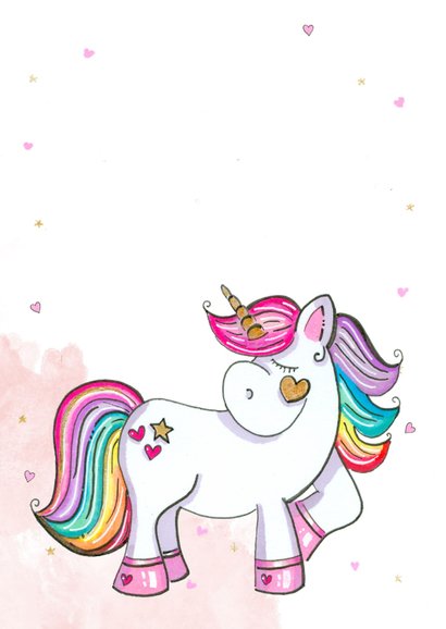 Verjaardagskaart meisje unicorn met hartjes en watercolor 2