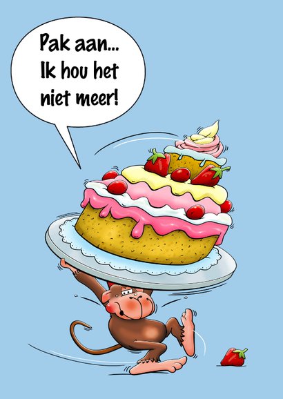 Verjaardagskaart met aapje en hele grote taart 3