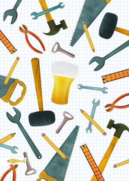 Verjaardagskaart met bier en gereedschap 2