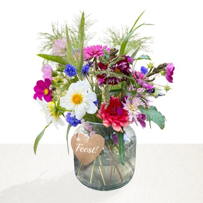 Verjaardagskaart met bloemen - boeket in vaas met label 2