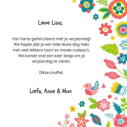 Verjaardagskaart met bloemen en vogels 3