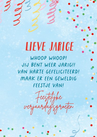 Verjaardagskaart met confetti en feesttoeters 3