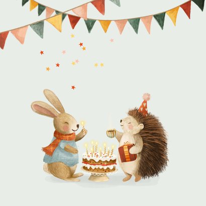 Verjaardagskaart met egel en konijn en een verjaardagstaart! 2