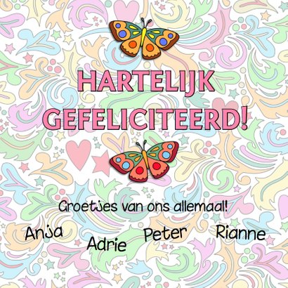 Verjaardagskaart met hart en vlinders op kleurige ondergrond 3