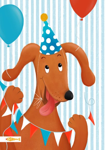 Verjaardagskaart met hond en hoedje 2
