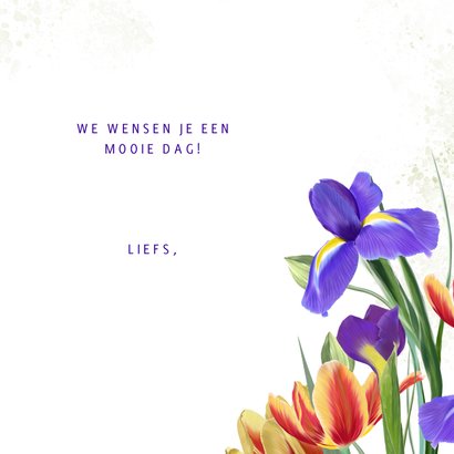 Verjaardagskaart met irissen en tulpen 3