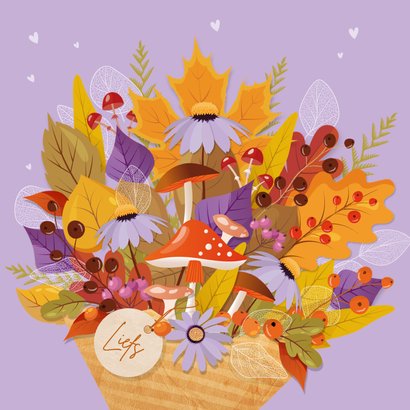 Verjaardagskaart met kleurrijk herfstboeket, label & hartjes 2