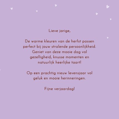 Verjaardagskaart met kleurrijk herfstboeket, label & hartjes 3