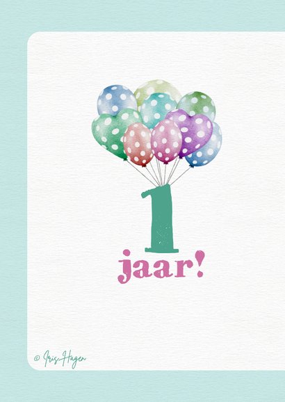 Verjaardagskaart met konijn en ballonnen 1 jaar 2