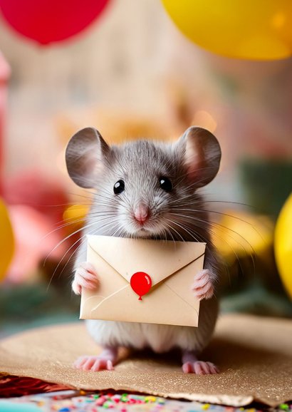 Verjaardagskaart met lief muisje piepklein berichtje ballon 2