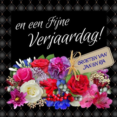 Verjaardagskaart met mooi kader en bos kleurige bloemen 3