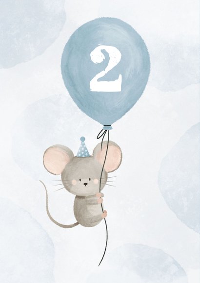 Verjaardagskaart met muisje aan ballon 2 jaar 2