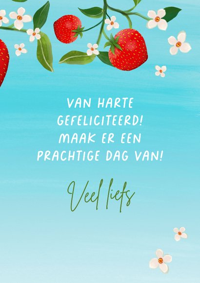Verjaardagskaart met rode aardbeien en bloemetjes 3