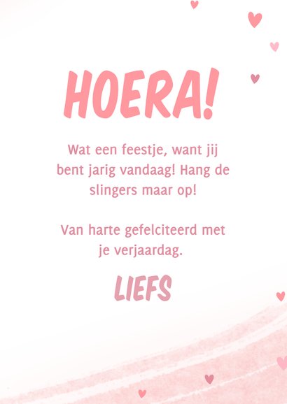 Verjaardagskaart met roze eenhoorn slingers en hartjes 3