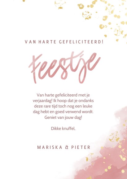 Verjaardagskaart met roze waterverf, gouden spetters 18 jaar 3