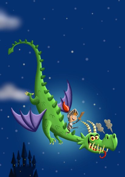 Verjaardagskaart met stoere ridder op vliegende draak! 2