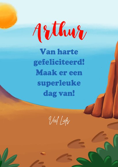 Verjaardagskaart met T-rex op step met ballon in zijn hand! 3